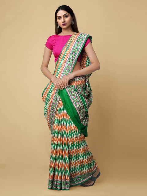

Unnati Silks Green & Orange Block Print Saree