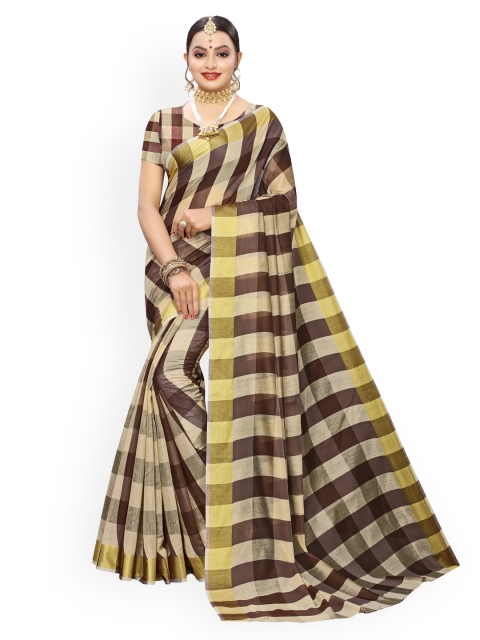 

KALINI Beige & Brown Checked Zari Silk Blend Kanjeevaram Saree