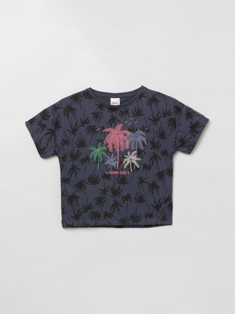 

max Girls Navy Blue & Black Floral Printed Tropical T-shirt with Beads