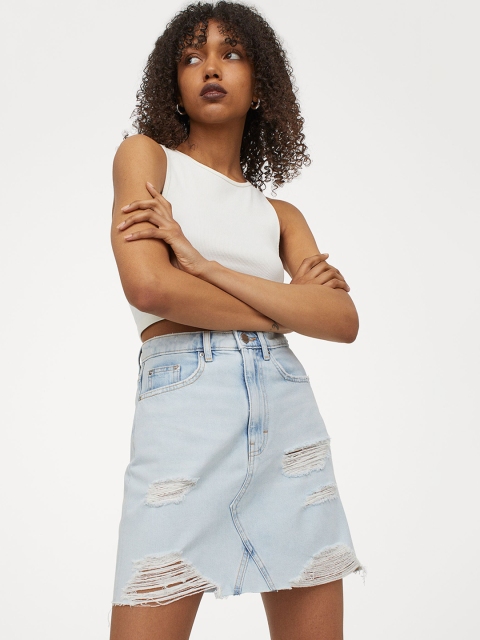 

H&M Blue Pure Cotton Distressed Denim Skirt