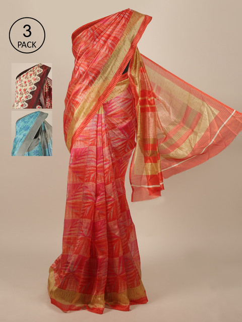 

Pothys Pack Of 3 Red & Turquoise Blue Ethnic Motifs Jute Silk Saree