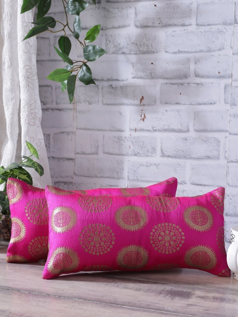 

Rangdesi Set of 2 Magenta-Pink & Gold-Coloured Brocade Cushion Cover with Inserts