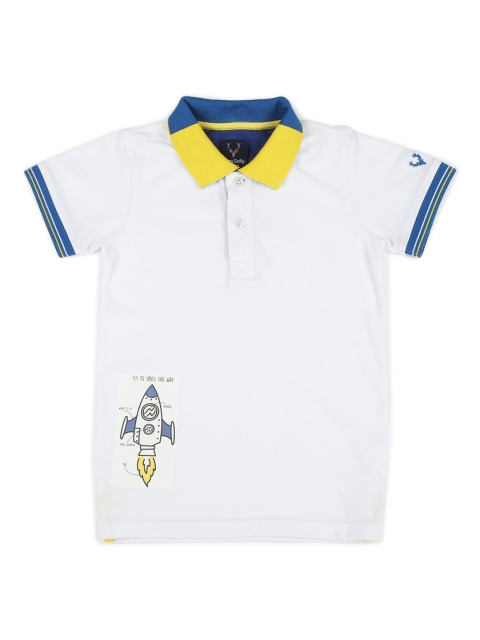 

Allen Solly Junior Boys White Blue Printed Polo Collar Pure Cotton T-shirt