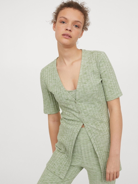 

H&M Women Green Self Design Button-Detail Ribbed Top