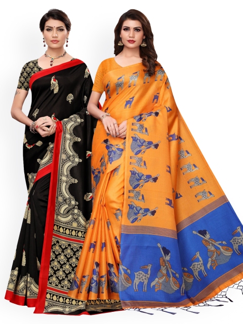 

KALINI Pack of 2 Orange & Black Ethnic Motifs Art Silk Saree