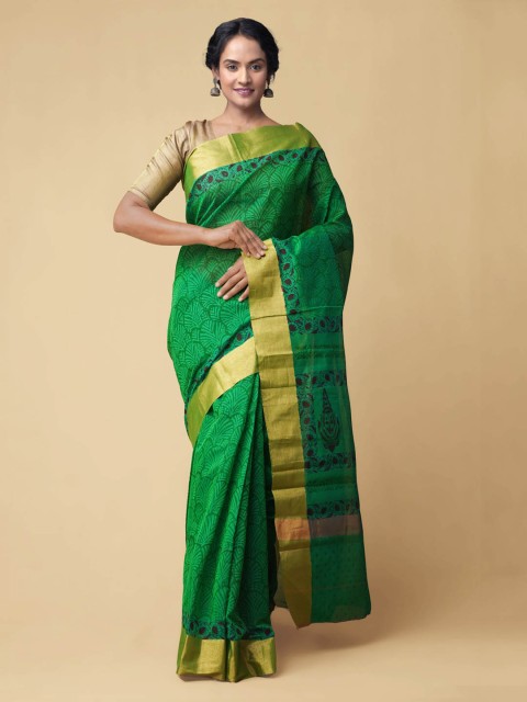 

Unnati Silks Green & Gold Ethnic Motifs Zari Silk Cotton Heavy Work Chanderi Saree