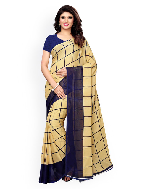

KALINI Beige & Navy Blue Checked Pure Georgette Saree