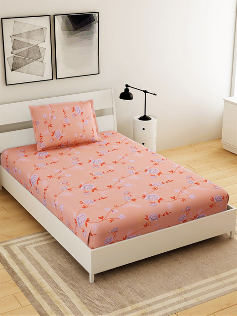 

Salona Bichona Peach-Coloured & Grey Floral 144 TC Cotton 1 Single Bedsheet with 1 Pillow Covers