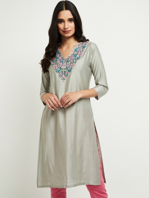 

max Women Grey Floral Yoke Design Thread Work Kurta