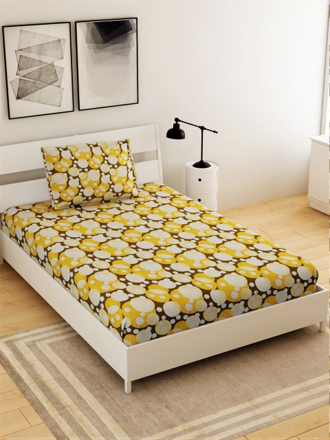 

Salona Bichona Yellow & Brown Geometric 144 TC Cotton 1 Single Bedsheet with 1 Pillow Covers