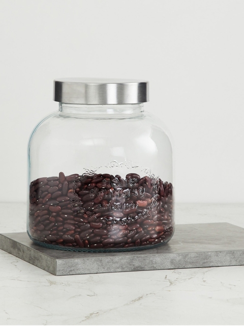 

Home Centre Transparent & Silver-Toned Solid Glass Jar With Lid 3000 ml