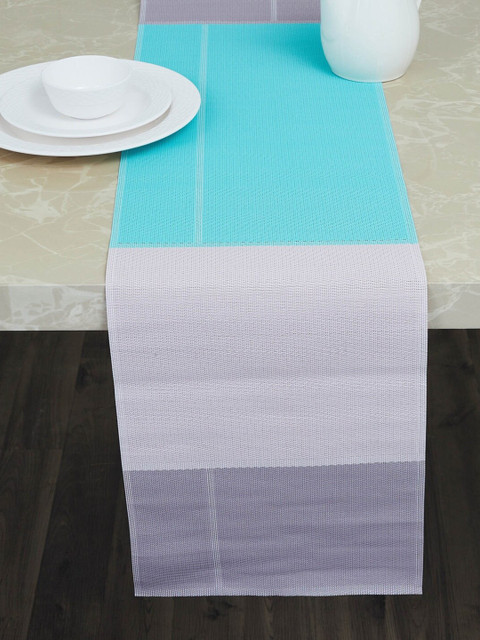 

Home Centre Turquoise Blue & Grey Mandarin Colourblocked Rectangular Pure Cotton Table Runner