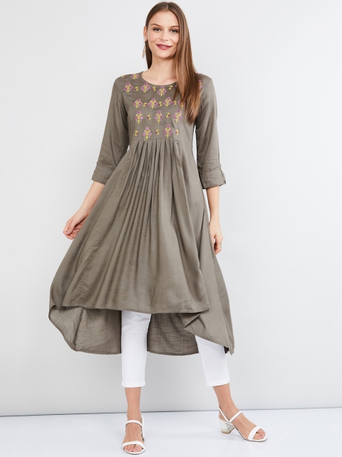 

max Women Grey Ethnic Motifs Embroidered Kurta