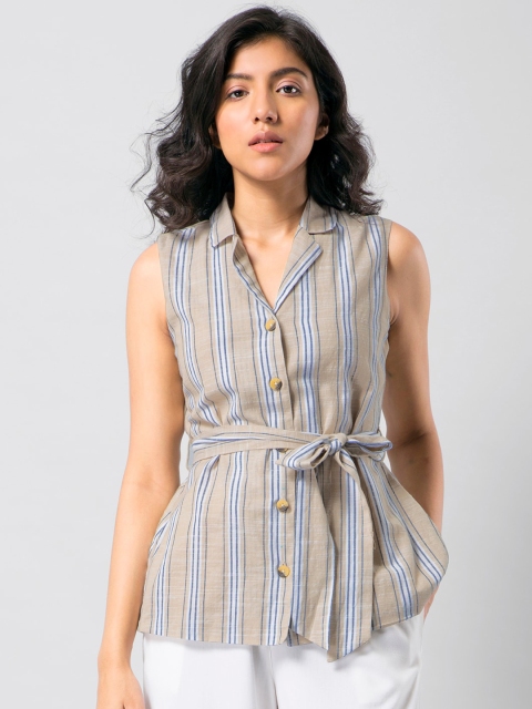 

FabAlley Beige Striped Belted Shirt Style Top