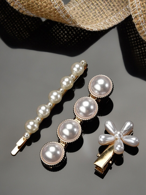 

ToniQ Women Gold Set of 3 Pearl Embellished Alligator Hair Clip