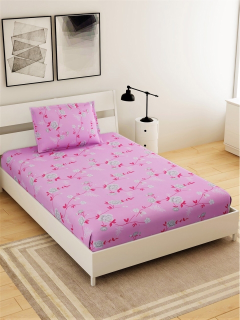 

Salona Bichona Magenta & Grey Floral 144 TC Cotton 1 Single Bedsheet with 1 Pillow Covers