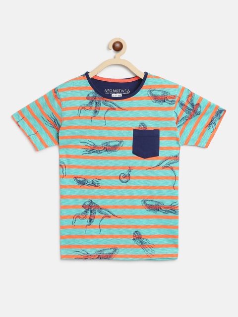 

NEO NATIVES Boys Sea Green & Pink Striped T-shirt