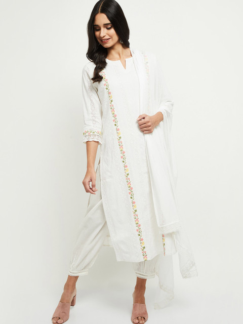 

max Women Off White Embroidered Pure Cotton Kurta With Dupatta