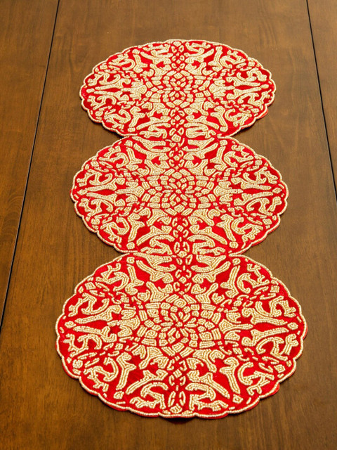 

Home Centre Red & Gold-Toned Beaded Table Runner
