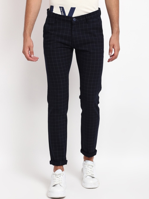 

V2 Value & Variety Men Navy Blue Checked Regular Trousers