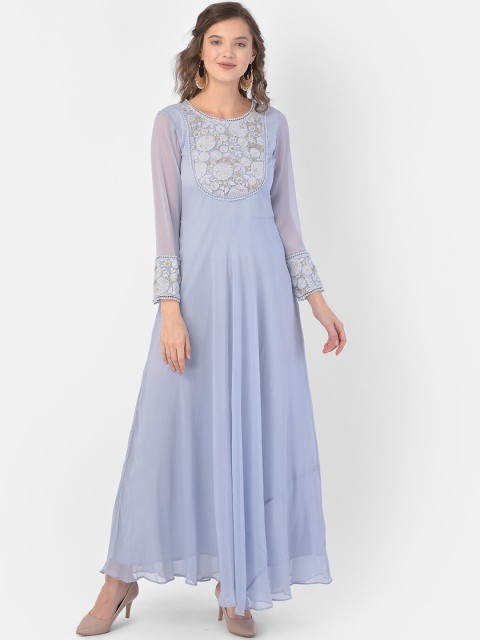 

Ojjasvi Blue Floral Embroidered Chiffon Maxi Dress