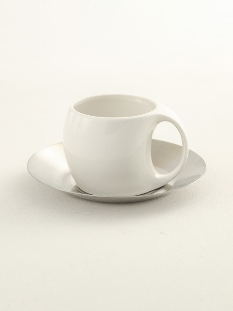 

Home Centre White & Silver-Toned Solid Ceramic Cup and Saucer