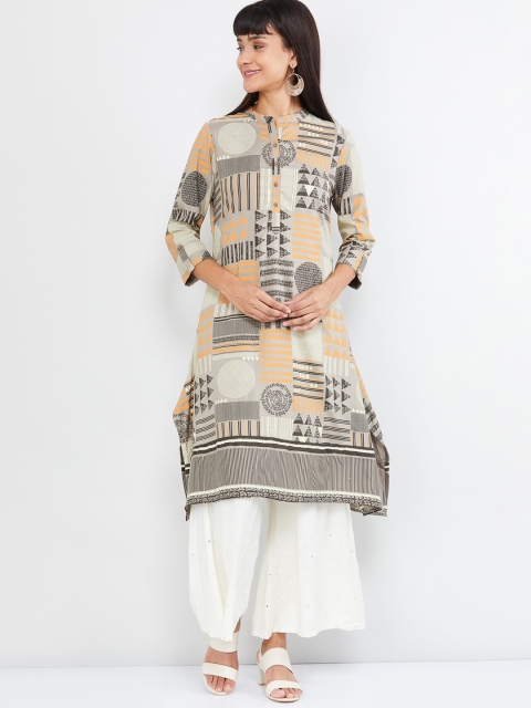 max Women Grey & Mustard Yellow Geometric Printed Kurta