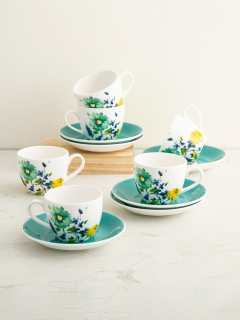 

Home Centre Set of 12 White & Blue Printed Bone China Cups and Saucers