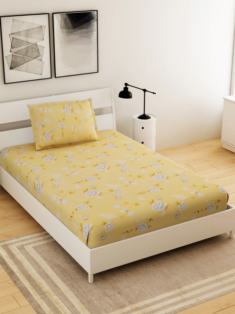 

Salona Bichona Yellow & Grey Floral 144 TC Cotton 1 Single Bedsheet with 1 Pillow Covers