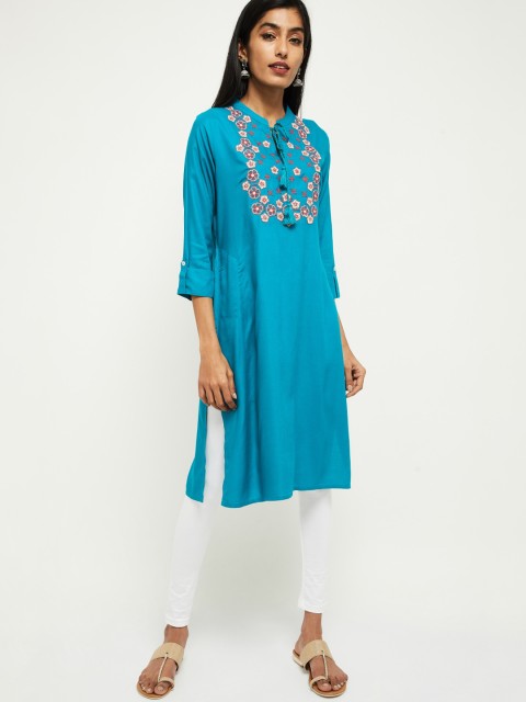 

max Women Teal Embroidered Kurta