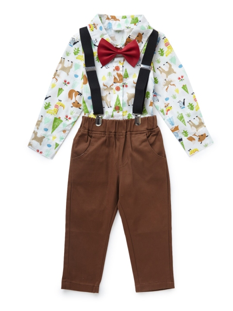 

Like A Boss Boys Brown & White Printed Shirt with Trousers & Suspender