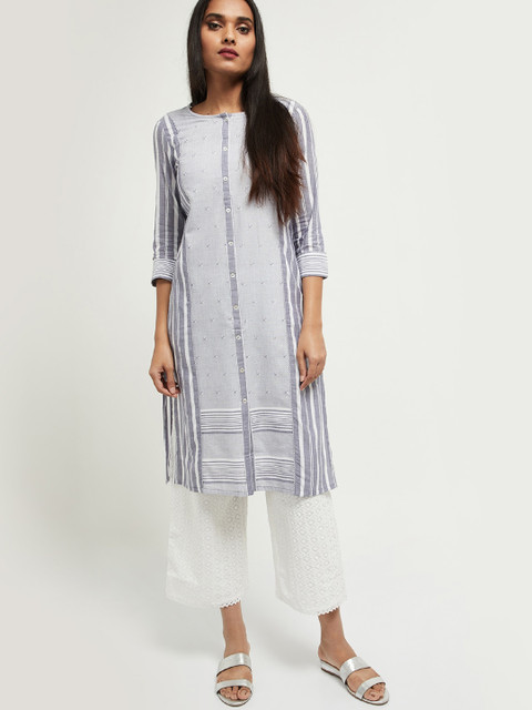 

max Women Grey & White Striped Thread Work Kurta