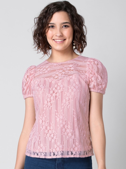 

FabAlley Pink Puff Sleeve Lace Regular Top
