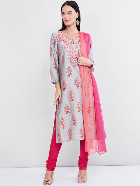 max Women Grey Floral Printed Kurta with Churidar & With Dupatta