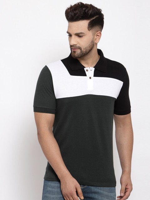 

Kalt Men Green & White Colourblocked Polo Collar T-shirt