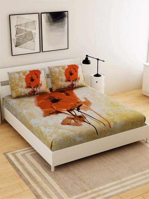

Salona Bichona Beige & Red Floral 210 TC Cotton 1 King Bedsheet with 2 Pillow Covers