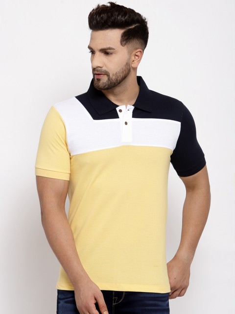 

Kalt Men Yellow & White Colourblocked Polo Collar T-shirt