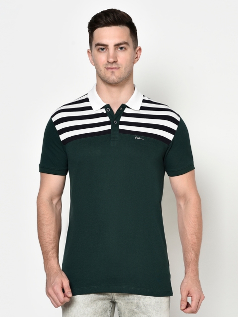 

Octave Men Green Striped Polo Collar T-shirt