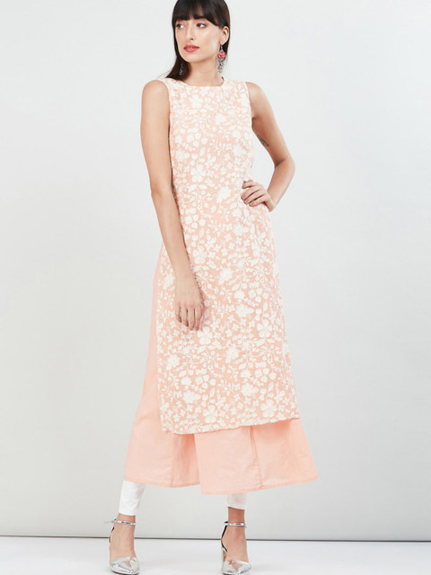 

max Women Peach Floral Embroidered Kurta