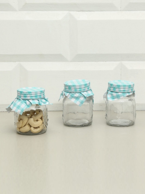 

Home Centre Set Of 3 Transparent & Turquoise Blue Glass Preservative Jars