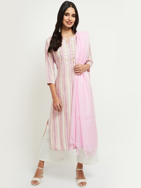 

max Women White Striped Pure Cotton Kurta With Dupatta
