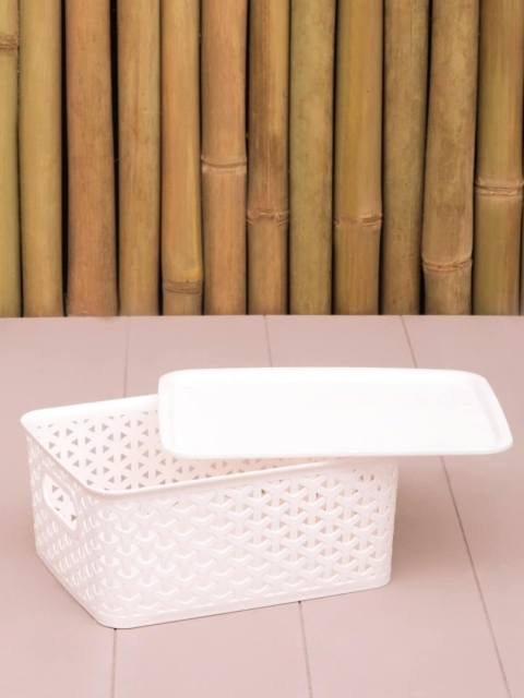 

Home Centre Set Of 2 Textured Rectangular Storage Laundry Baskets With Lid 40 L, White