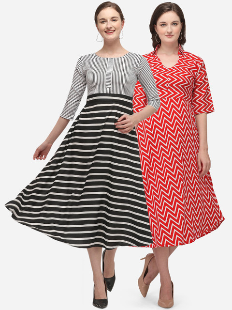 

Florence Multicoloured Pack of 2 Crepe Ethnic Midi Dress, Multi