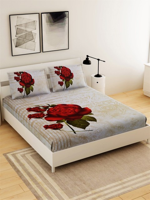 

Salona Bichona Beige & Red Floral 210 TC Cotton 1 King Bedsheet with 2 Pillow Covers