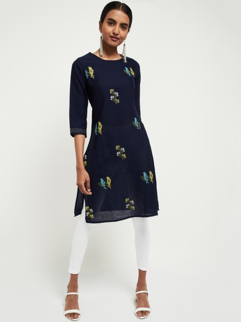 

max Women Navy Blue Ethnic Motifs Embroidered Kurta