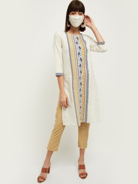 

max Women Off White & Yellow Yoke Design Thread Work Kurta & 2-Ply Cloth Mask