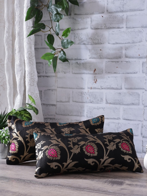 

Rangdesi Set of 2 Black & Pink Brocade Floral Jaal Cushion Cover with Inserts