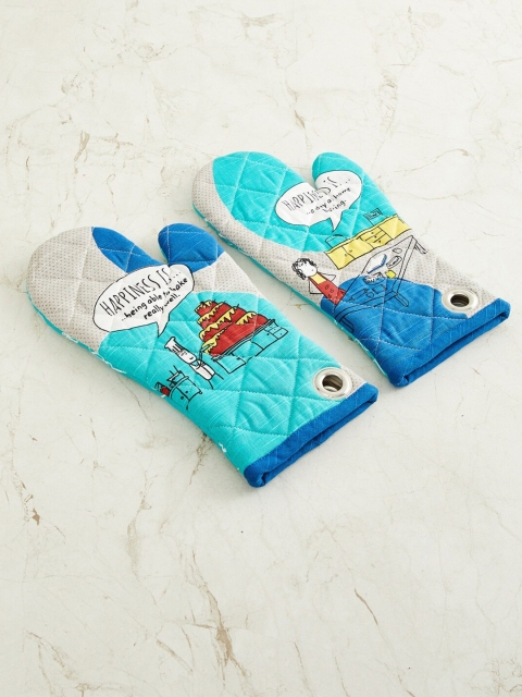 

Home Centre Set Of 2 Blue Happiness Printed Cotton Oven Mittens
