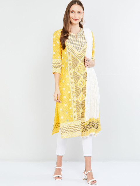 

max Women Yellow Printed Pure Cotton Kurta with Trousers With Dupatta