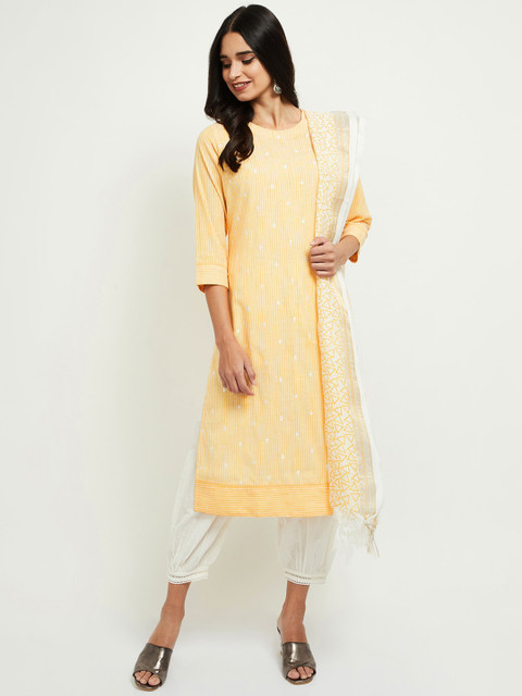 

max Women Yellow & White Striped Thread Work Kurta with Dupatta